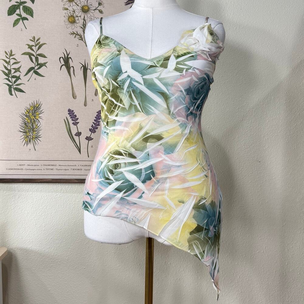 Vintage 90s Y2k Floral Asymmetric Hem Cami Top Fairy Grunge Trashy Sexy Gyaru M